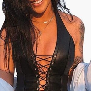 Black Faux Leather Lace Up Halter